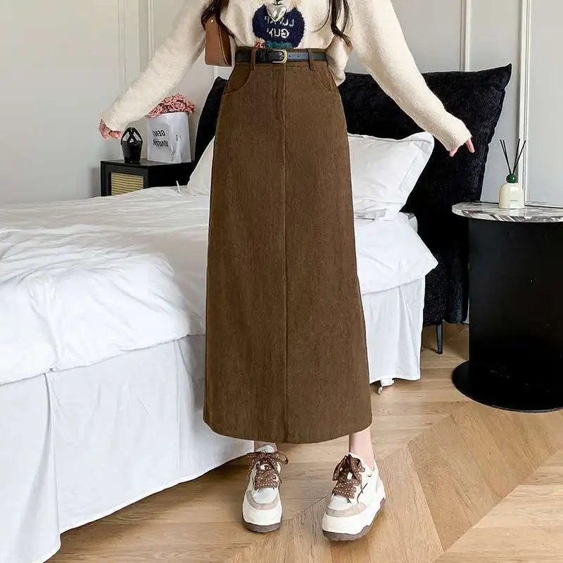 Corduroy Hepburn Style Midi Skirt Women's Autumn Winter Slimming High Waist Straight Leg Skirt Fresh Sweet Girl's Fashion