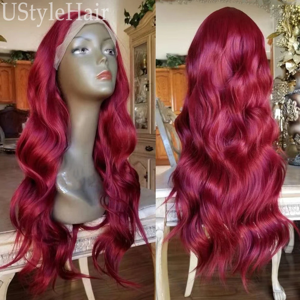 UStyleHair Burgundy Lace Front Wigs for Women Wine Red Long Natural Wave Wig Heat Resistant Synthetic Fiber Hair Daily Use