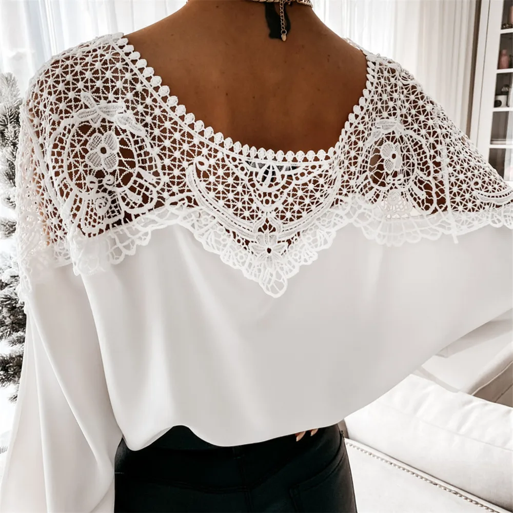 New Women\'s Shirt Fashion Loose Chiffon Bat Long Sleeve Splice Lace Solid Lace Hollow Out Shirt Elegant