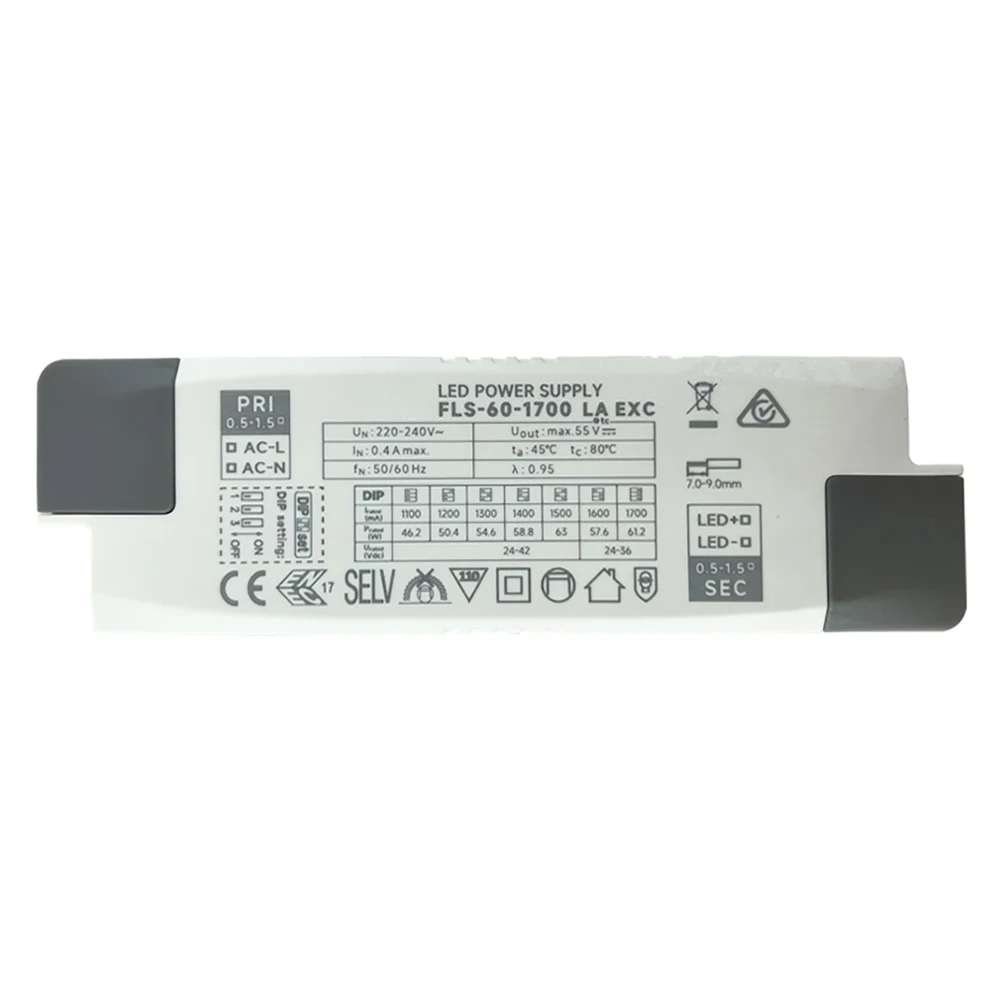

Светодиодный источник питания FLS-60-1700 LA EXA 46,2 W/1100MA 50,4 W/1200MA 54,6 W/1300MA 58,8 W/1400MA 63W/1500MA 56,7 W/1600MA 61,2 W/1700MA