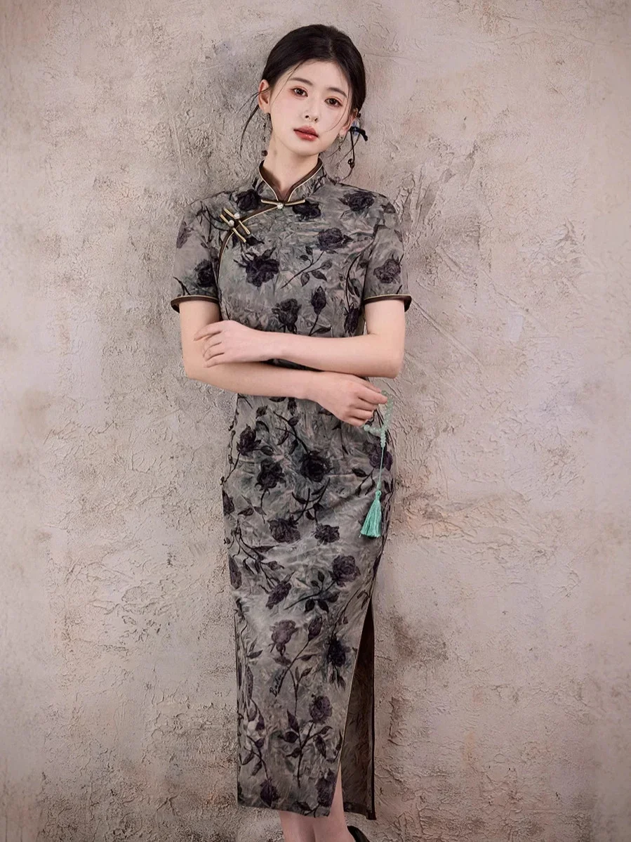 

Длинное платье Cheongsam Old Shanghai, новинка лета 2023, китайское молодежное серое темпераментное платье с короткими рукавами