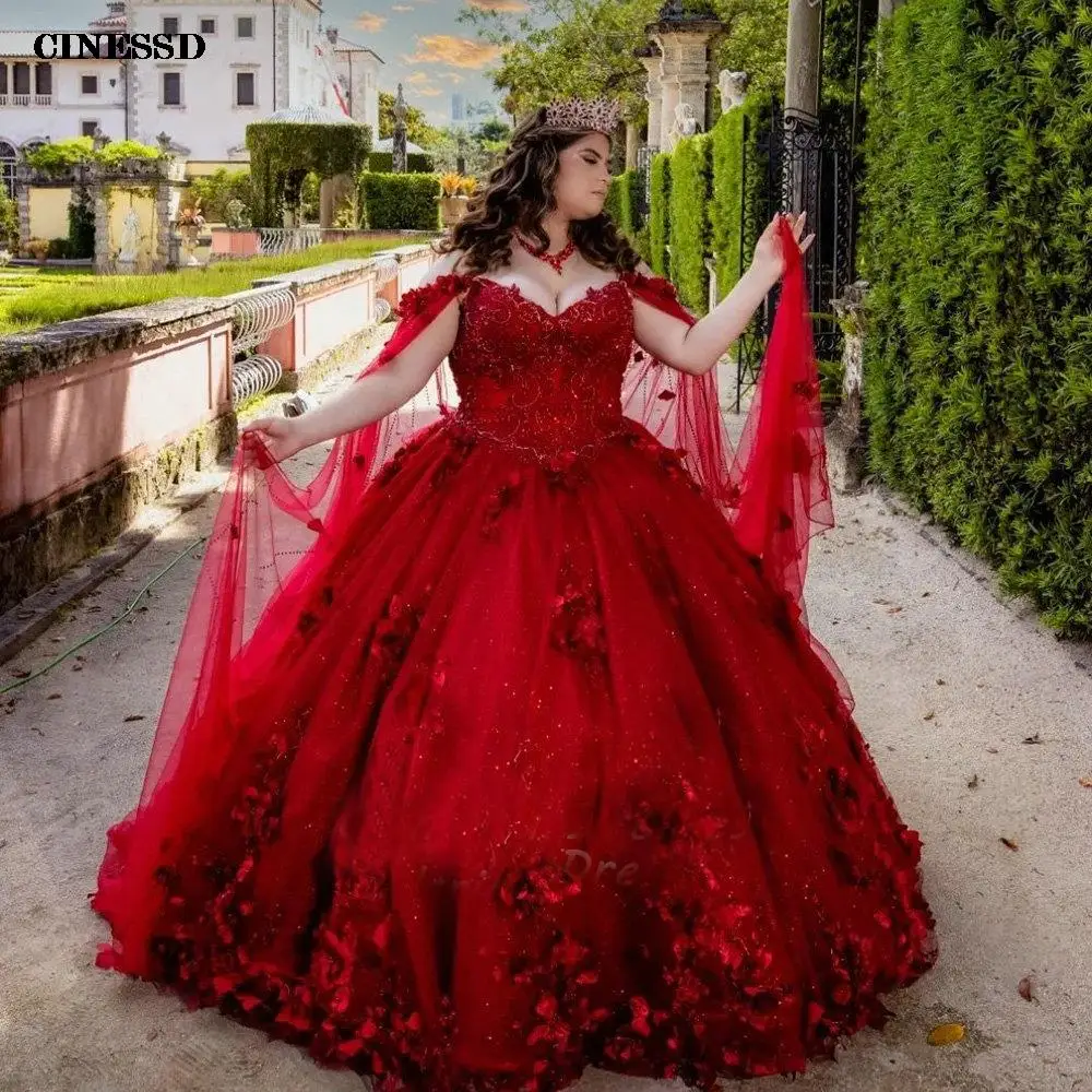 Red Plus Size 3D Flowers Lace Quinceanera Dresses Ball Gown Off The Shoulder Beading Crystal Sweet 16 Vestidos De 15 Años