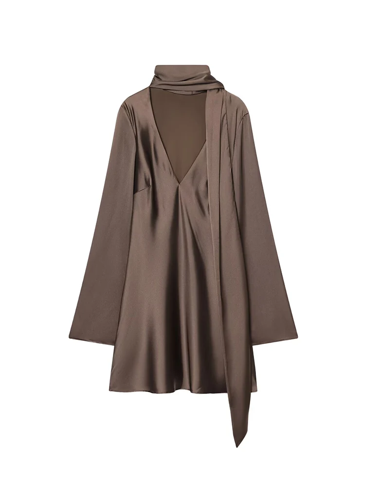 Novo vestido de festa feminino com gola cachecol sólido decote em v alargamento manga longa mini vestido verão cetim elegante chique vestido de moda feminina