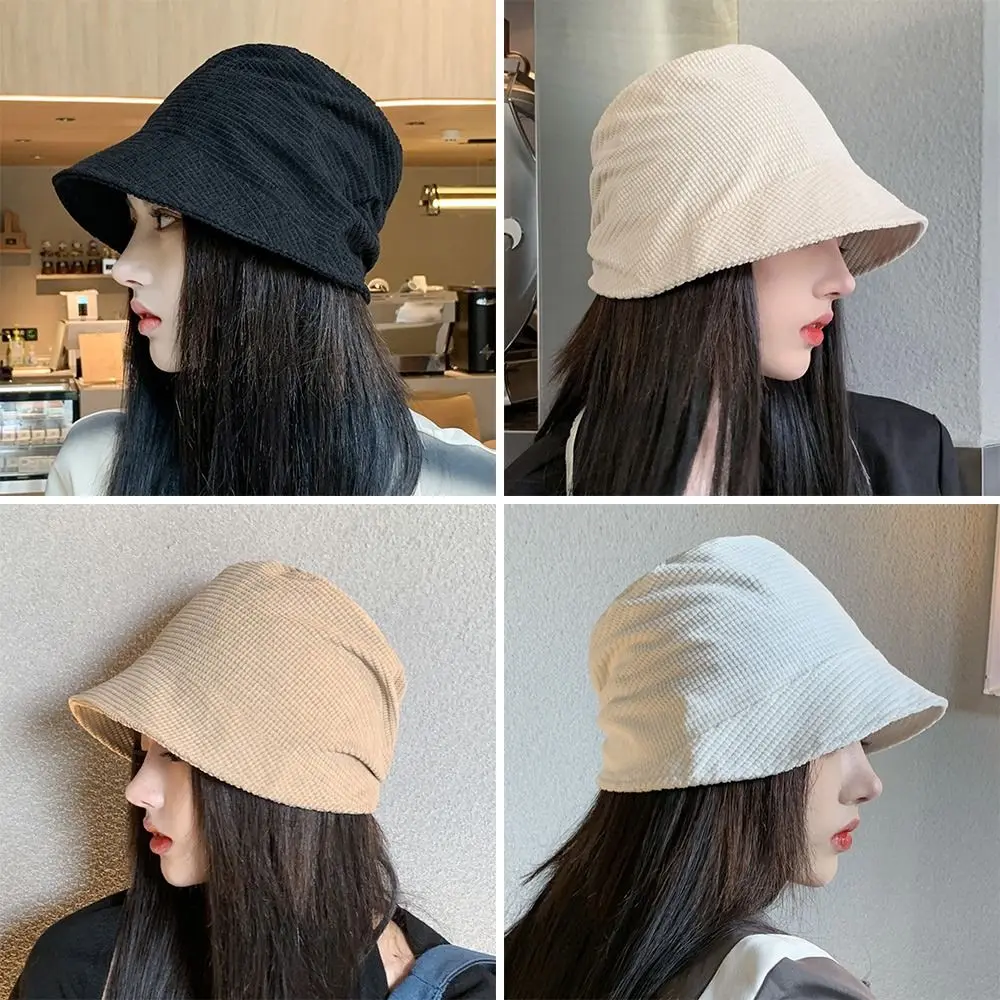 

Outdoor Plush Bucket Hat Corduroy Warm Fisherman Cap Soft Winter Basin Sun Cap for Women