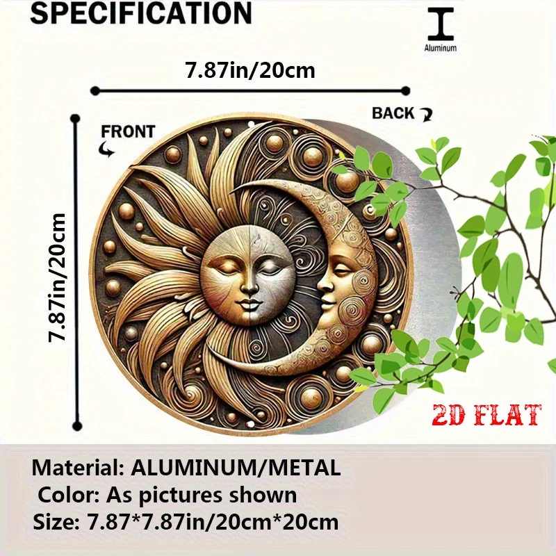 Bohemian Sun and Moon Round Metal Sign, Vintage Celestial Art Wall Decor for Home & Garden