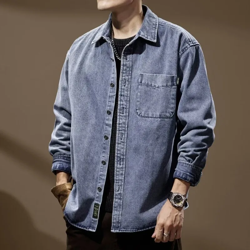 

Джинсовые куртки с карманами на пуговицах, мужские роскошные свободные японские ретро-одежды, размер L, изношенные, модные, корейские, дизайнерские, новые в ковбойском пальто для мужчин