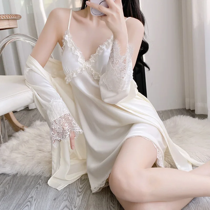 

Сексуальный ажурный кружевной комплект-двойной халат, ночная рубашка, шелковистое атласное белье, ночная рубашка, весна-лето, новое домашнее платье, ночная рубашка, домашняя одежда