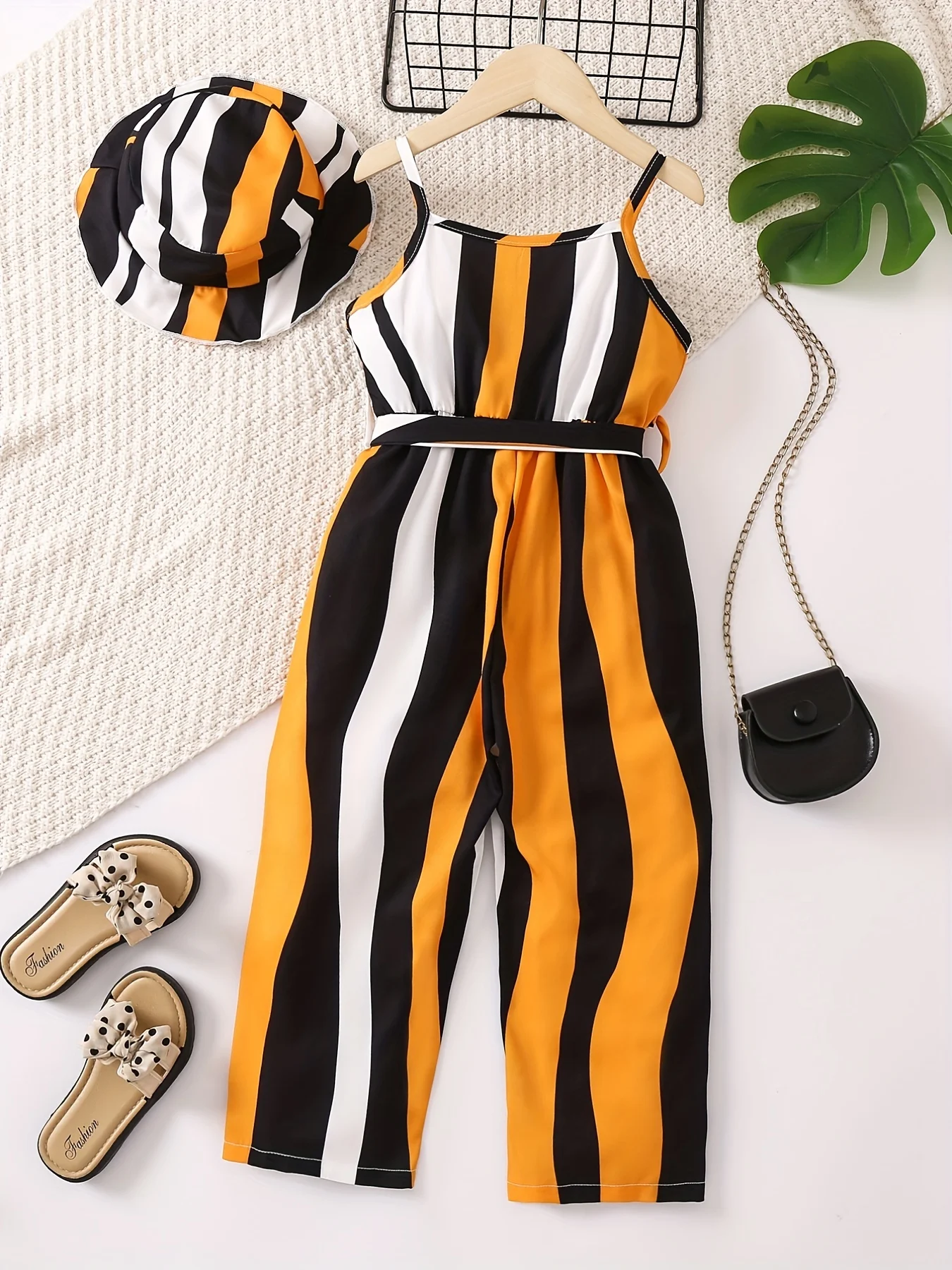 Summer new casual style European and American style sweet cool style comfortable girls striped waist belt jumpsuit with hat set