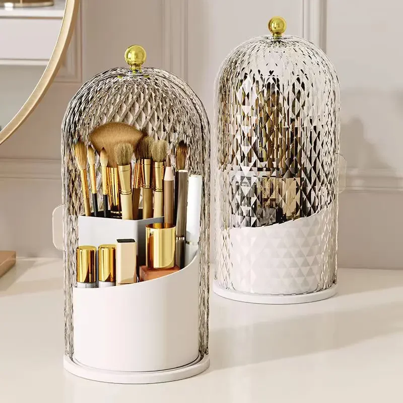 Makeup Brush Holder with Lid Diamond Birdcage 360° Rotating Makeup Organizer Dustproof Cosmetics Storage Box Lipstick Container