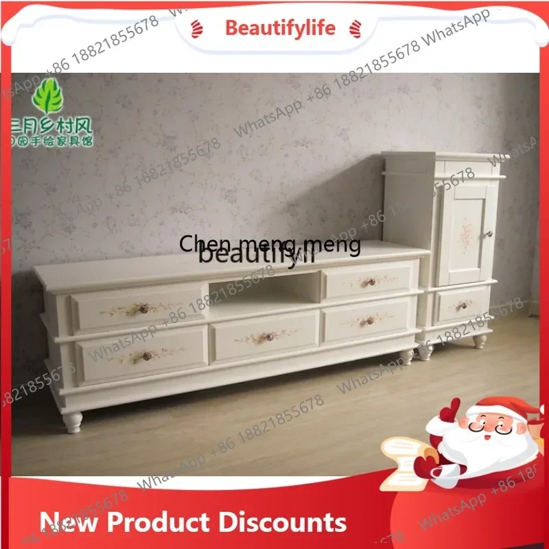 03 Mediterranean hand-painted painted TV high and low cabinet solid wood European country British style