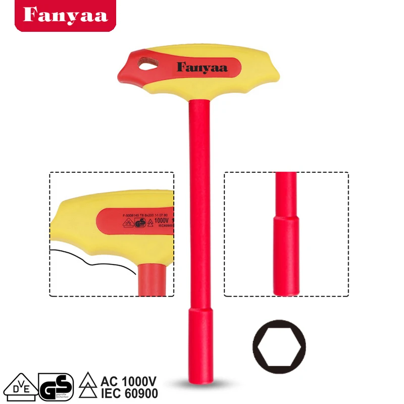 Fanyaa Insulated T-Handle Nut Hex Key Wrench, 4-14mm VDE 1000V Injection Spanner, Electricians Safety Lever, Crv, Anti-Slip Hand