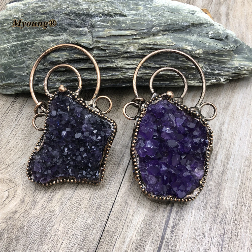 2PCS Boho Soldered Large Freeform Natural Amethysts Druzy Vintage Necklace Pendants for DIY Jewelry Making MY220408