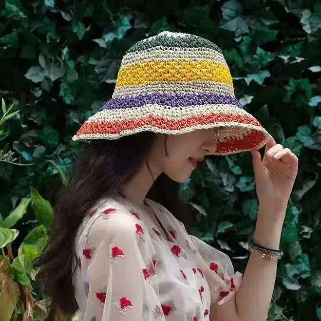 Rainbow Sun Hat Women Summer Striped Crochet Beach Bucket Hat Women Crochet Foldable Panama Hat Female Beach Sun Visor Cap