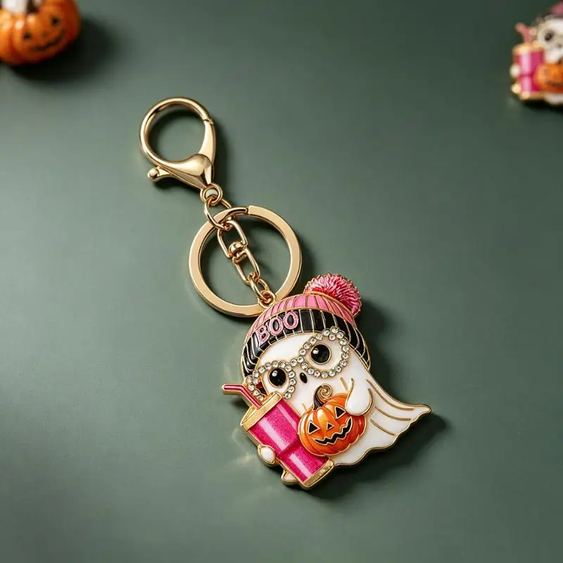 Gruseliger Halloween-Schlüsselanhänger, glitzernder Kristall-Geisteranhänger, rosa Strickmütze, Kürbis-Design, Rucksack-Charms, Partygeschenk – Detail 6
