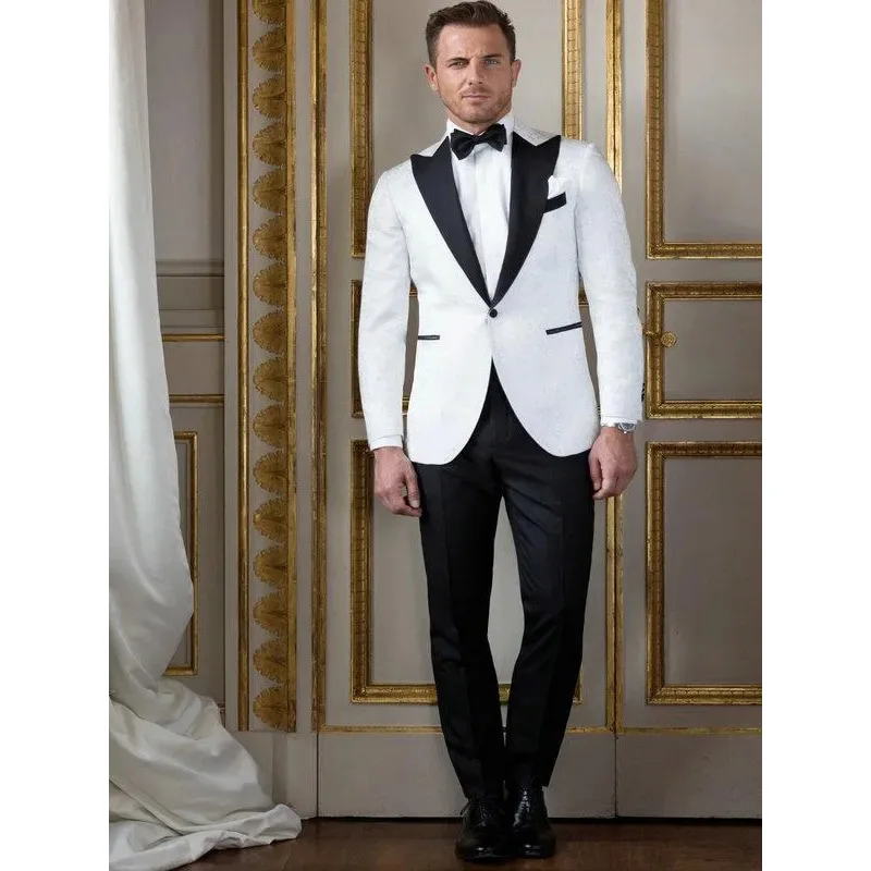 

White Blazer Black Pants Peak Lapel Skinny 2 Pcs Jacket Pants Single Breasted One Button Blazer Smart Casual Costume Homme 2024