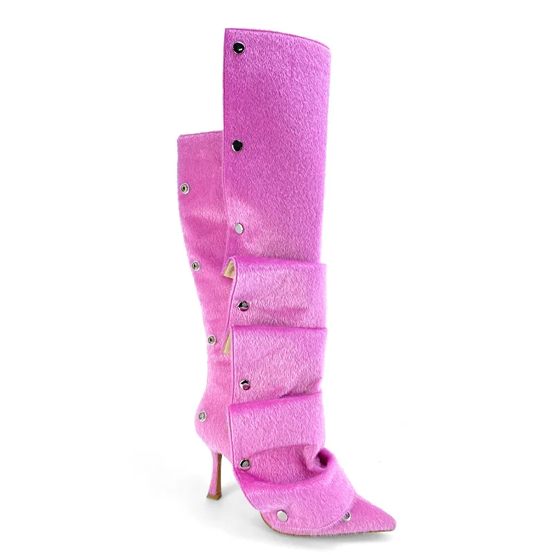 2025 Women\'s New High Heels, Pointed Metal Rivets, Horse Hair Splicing, Two Wear Stacked Knee Size Fashion Banquet Boots