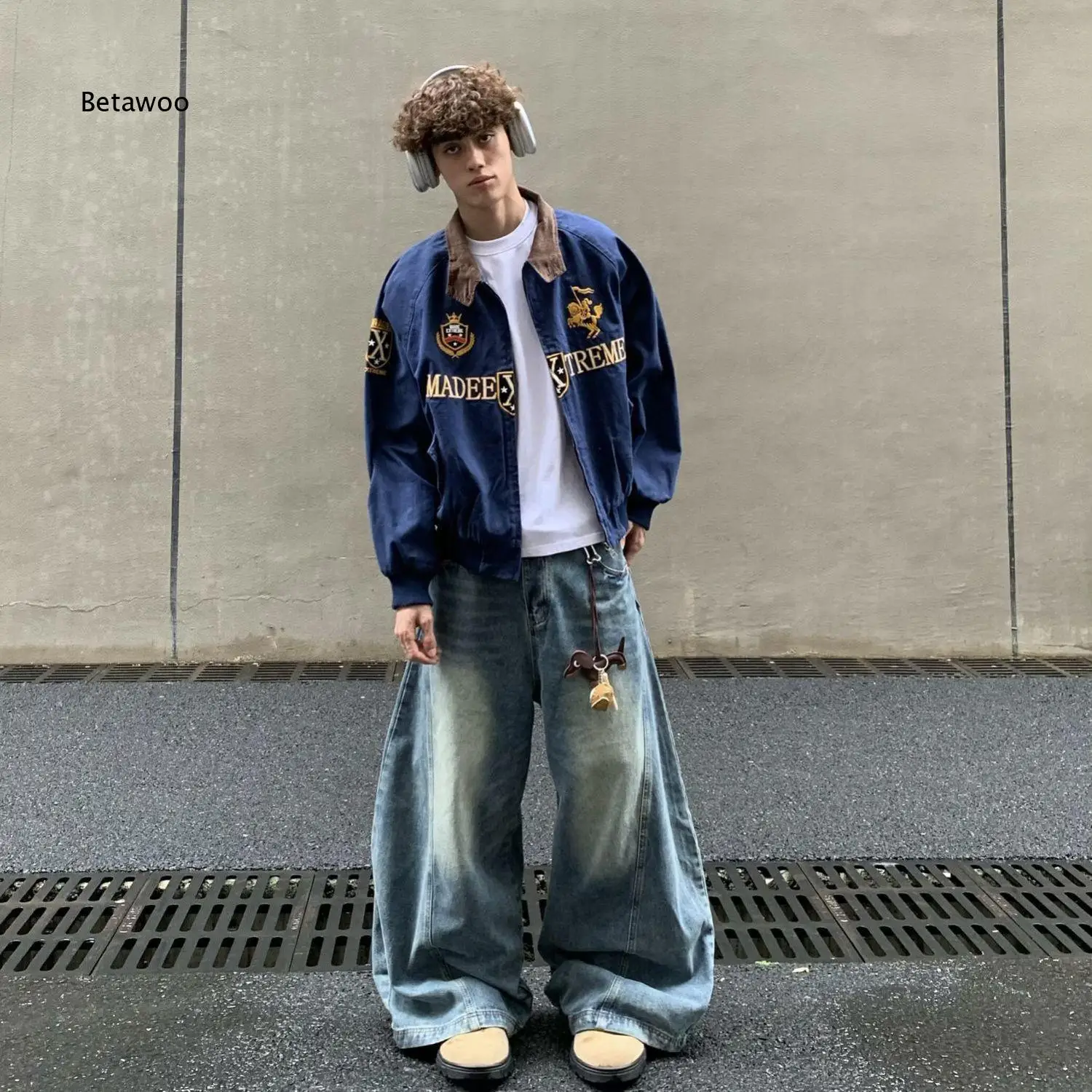 Men Vintage Embroidered Baseball Jacket Contrast Collar Loose Fit Outerwear for Spring Autumn Street Trendy Daily Casual Wear