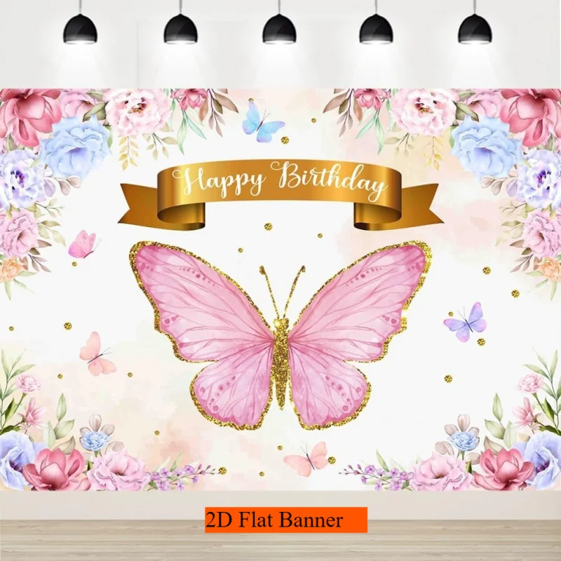 1 pancarta de fondo de cumpleaños, elegante decoración de fiesta de jardín con mariposas florales rosas y azules, con flashes dorados
