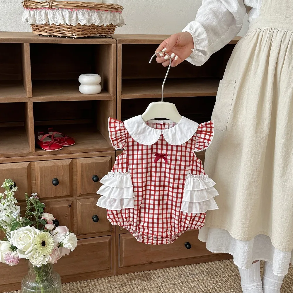 

2026 Summer Baby Girl Romper 0-2Years Cute Newborn Infant Fly Sleeve Peter Pan Collar Bow Plaid Bodysuit Outfits Sunsuit Clothes