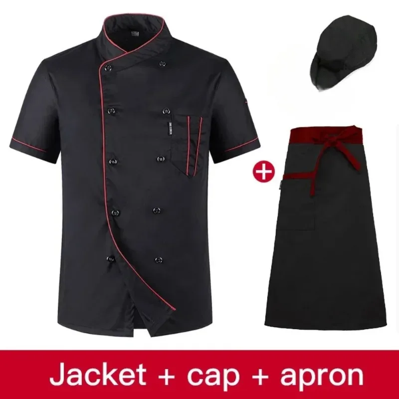 Set uniforme da chef in 3 pezzi - Completo da cucina a maniche corte con grembiule e cappello da uomo - Abbigliamento da lavoro per ristoranti per hotel