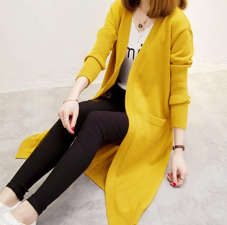 

2025 Ladies' Elegant Knitted Sweater Cardigan In Autumn and Winter, Solid Color Casual Double Pocket Mid Length Knitted Cardigan