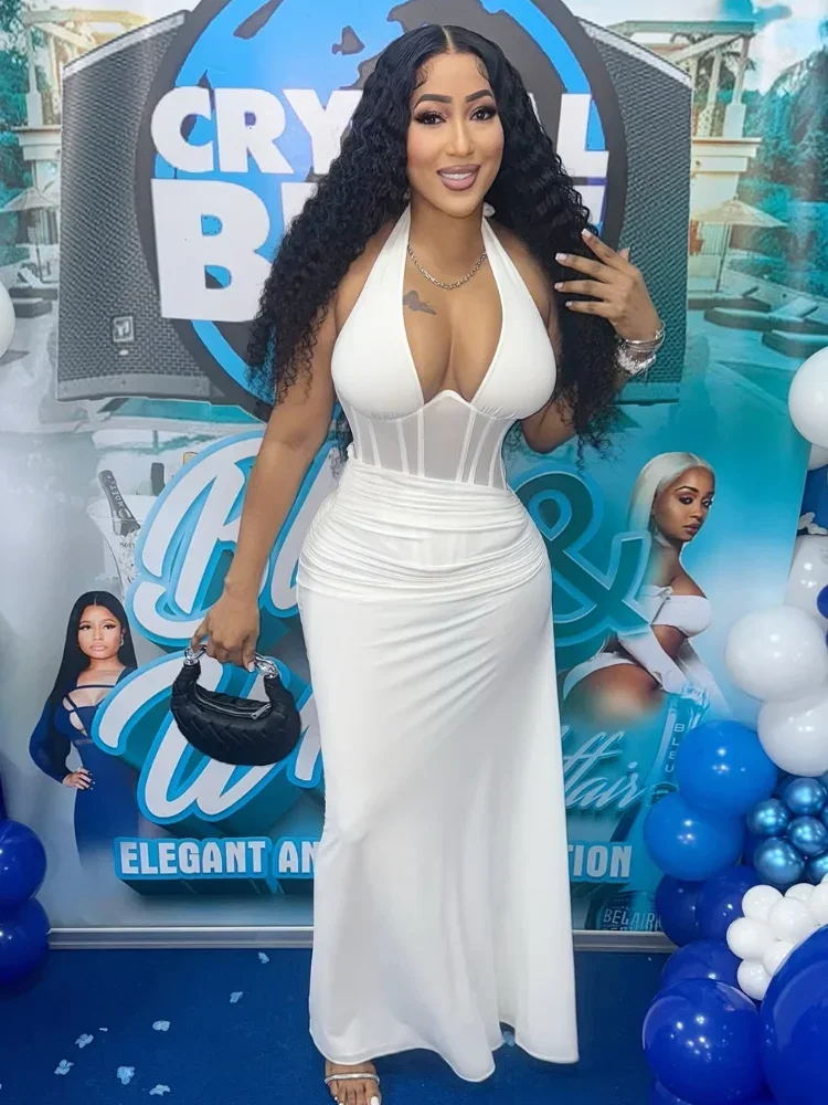 ファッションソリッドVネックバックレスレースアップホルターネックドレス女性用ノースリーブホローアウトウエストシンチドガウンレディースイブニングパーティーローブ