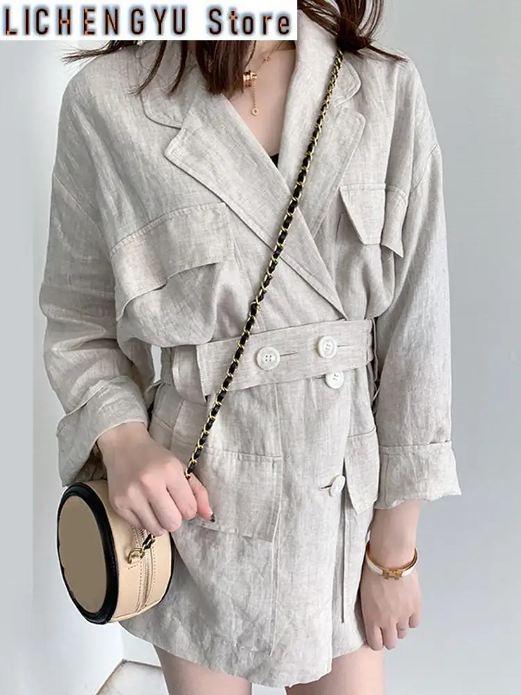 

Loose Fit Linen Button Split Joint Big Size Jacket New Lapel Long Sleeve Women Coat Fashion Tide Spring