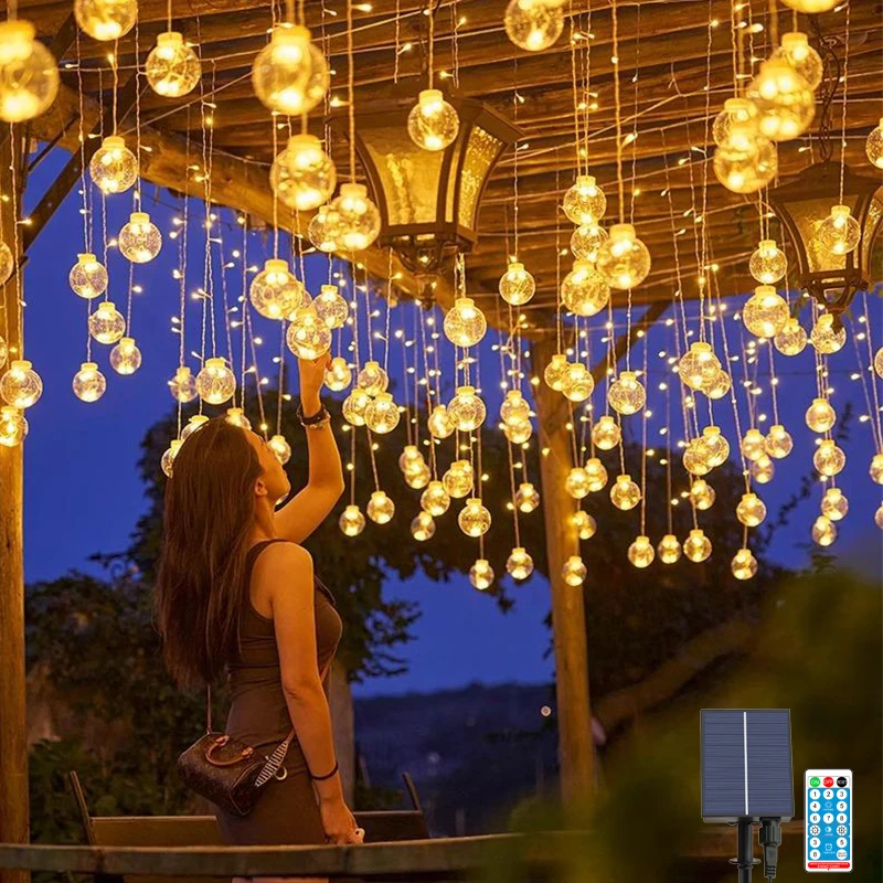 

Solar Curtain Light 12 Dorps Solar Fence String Lights Remote Dimmable Twinkle Globe Fairy Light for Garden Yard Porch Christmas