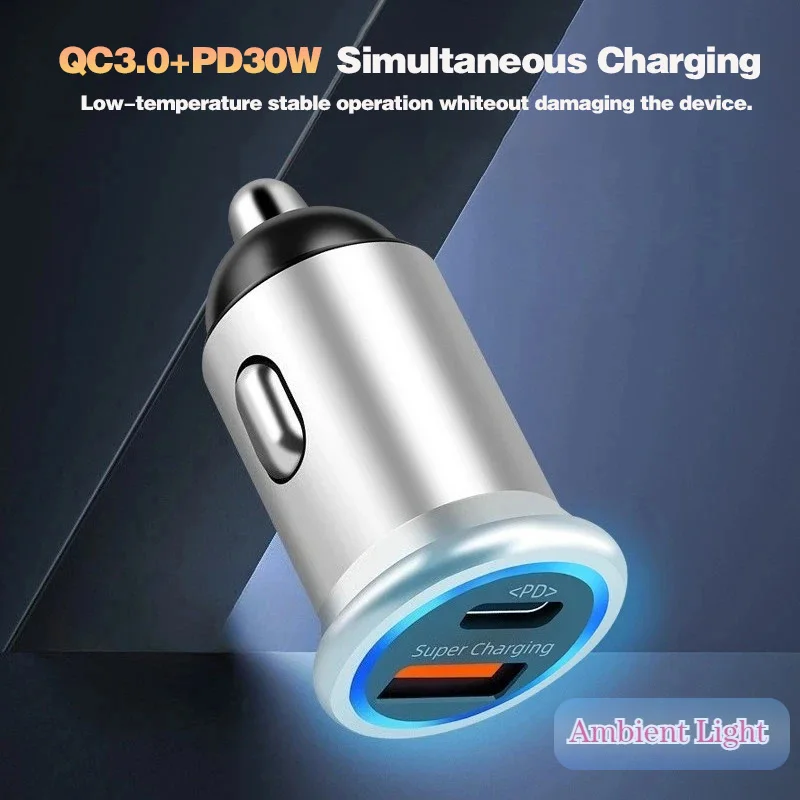 85W PD30W/QC3.0 Super Fast Charge Dual Ports Super Fast Charging Car Cigarette Lighter Charger Metal Body with Ambient Light