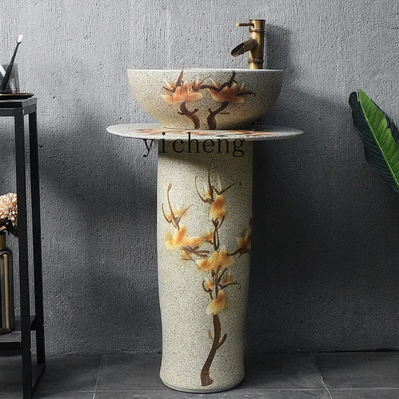 

ZC balcony column type washbasin outdoor integrated lotus wash basin retro courtyard ceramic outdoor pool