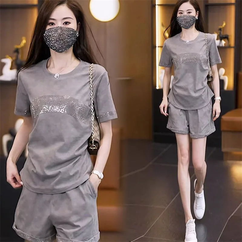 

Summer New Fashion Slimming Versatile Hot Diamond Short Sleeved T-shirt Summer New Design Sense Top+Pants Women's Set