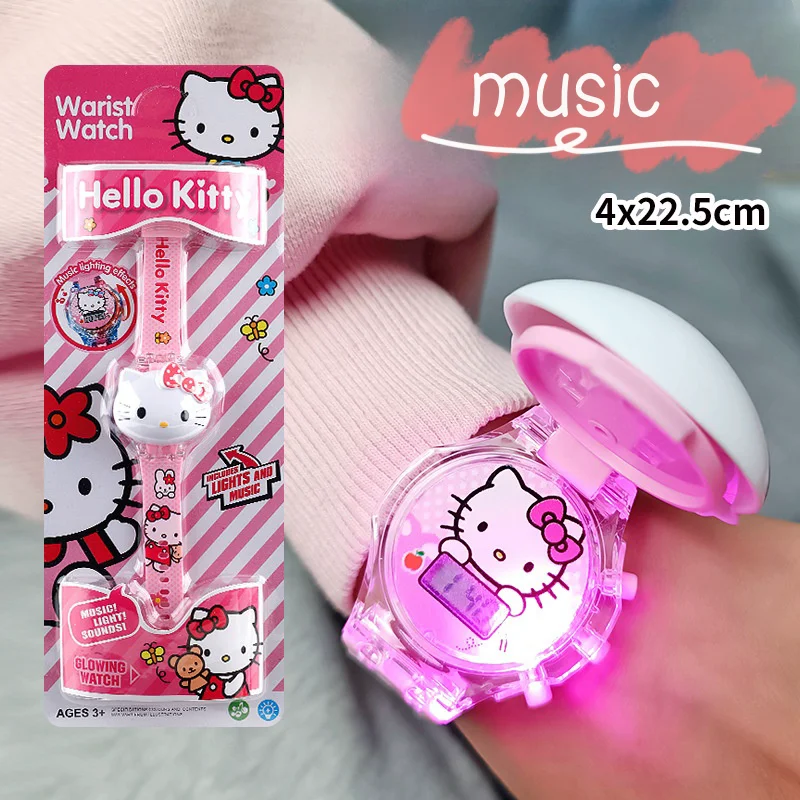 Sanrio Watch Cinnamoro Hello Kitty Waterproof Music Children Wrist Watch Kuromi Cartoon Led Luminous Silica Watchband Kids Gift