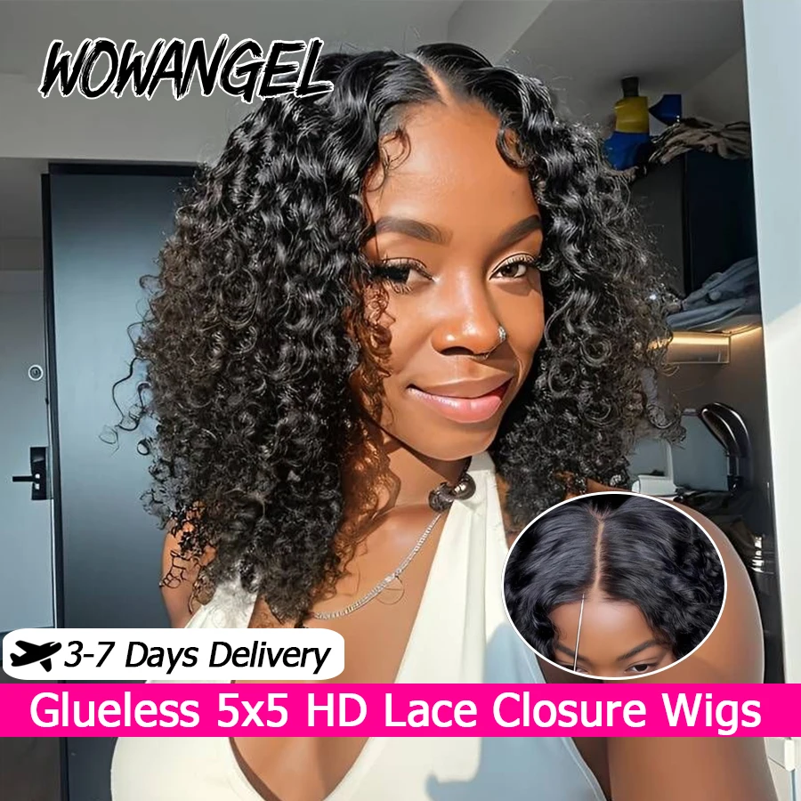 

Short Curly Bob Wigs 5X5 HD Lace Closure Wigs Human Hair 250% Jerry Curly Glueless Wigs Pre Plucked Reay To Wear Virgin Hair