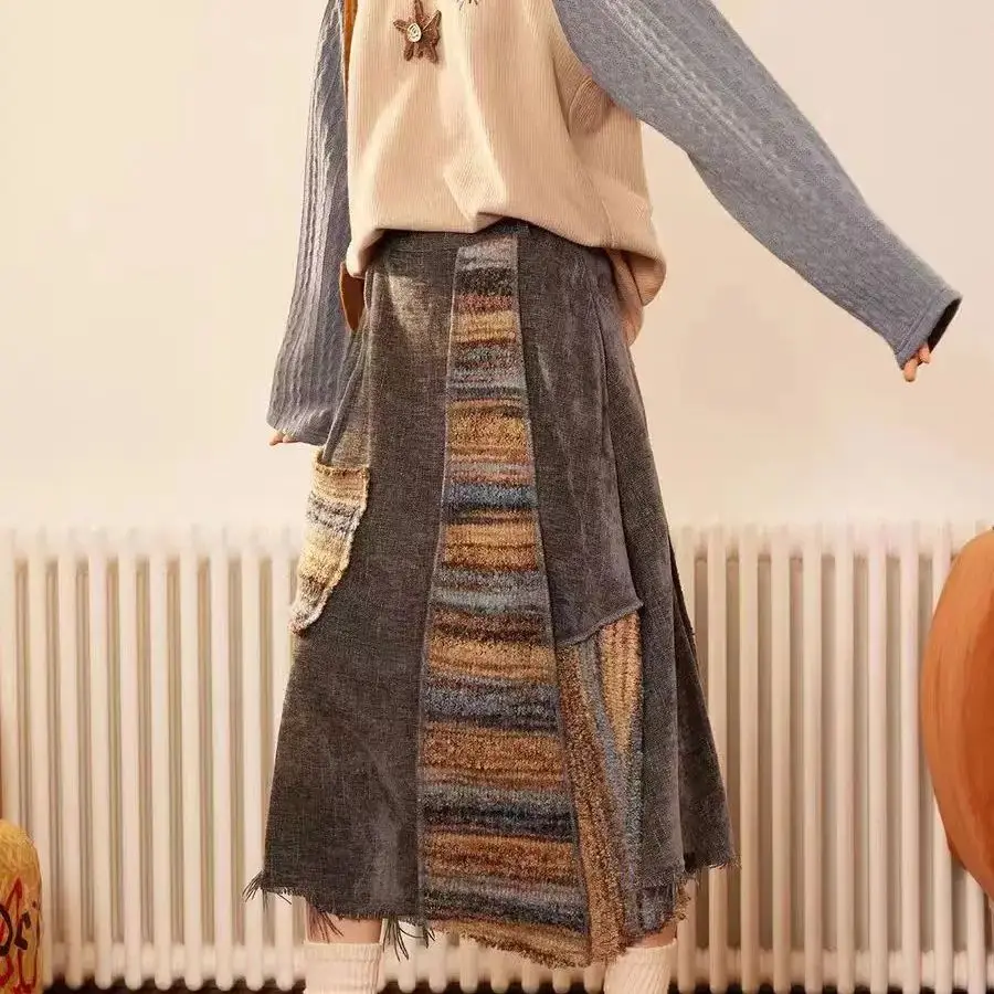 กระโปรงโบฮีเมียนพิมพ์ลายแฟชั่นใหม่สำหรับผู้หญิง กระโปรงทรงเอแบบลำลอง ตัดต่อสีตัดกัน ทรงเอไลน์ ไม่สมมาตร สำหรับฤดูใบไม้ร่วง
