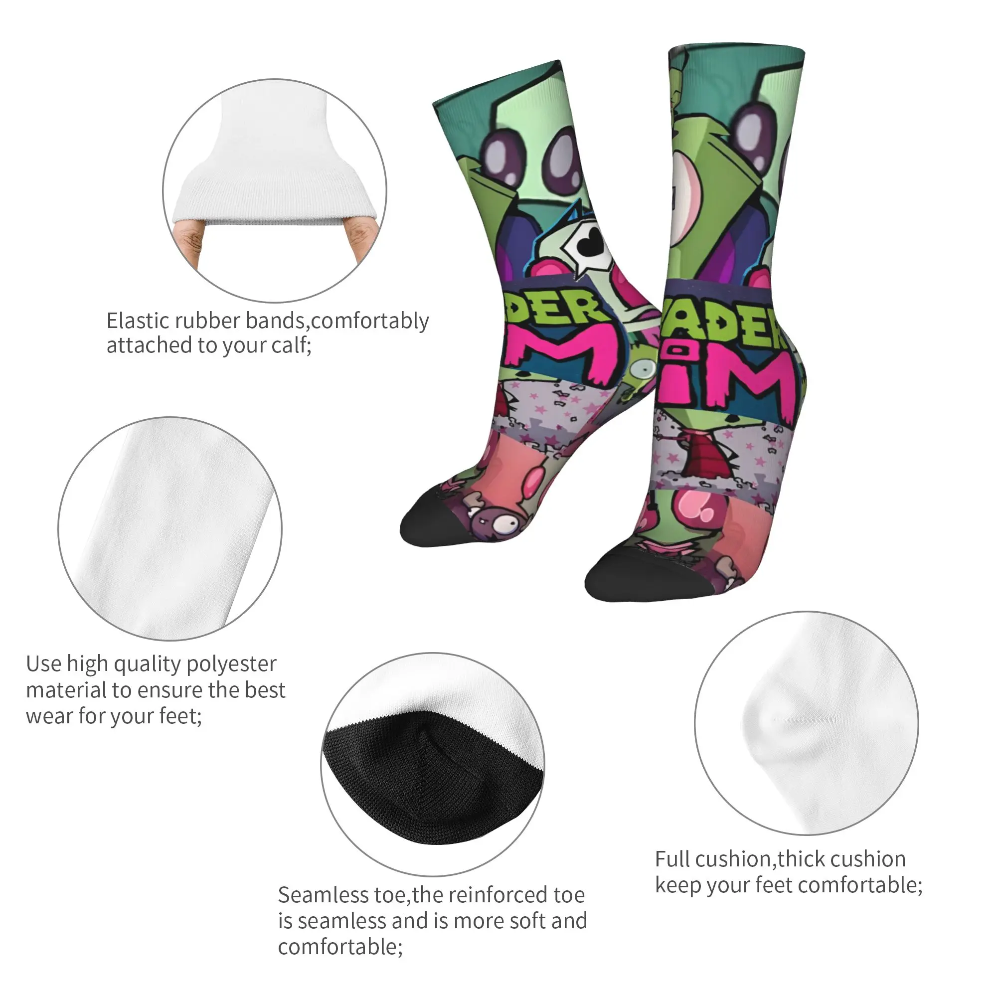Casual Invaders Zims  Football Socks Kawaii  Cartoon Polyester Long Socks for Unisex Breathable,