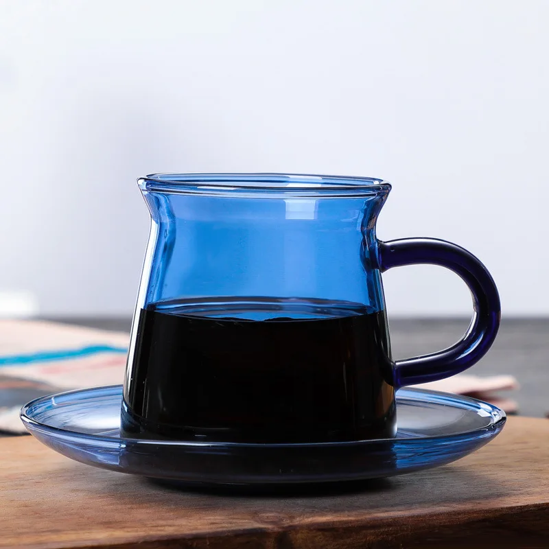 1 Piece 220ml 7oz High Borosilicate Heat-resistant Solid Amber Blue Colored Glass Coffee Mug Cup with Coaster Set Elegant Glass