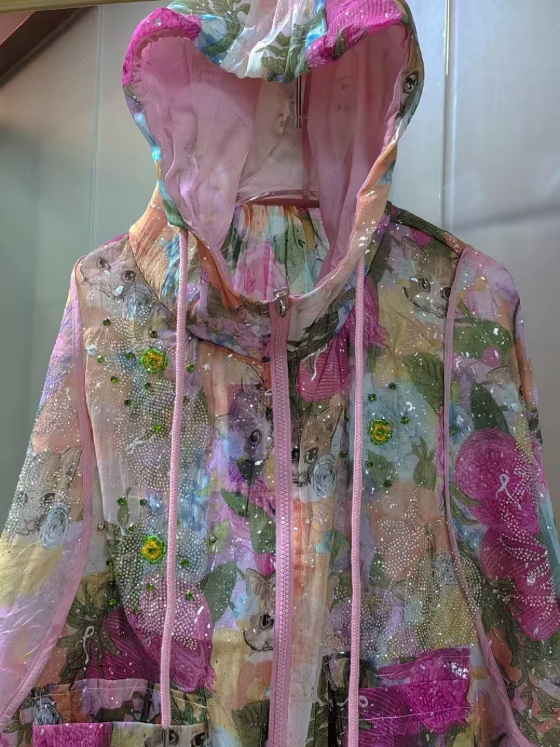 Luxury Style Sparkle Rhinestones Women Hooded Spring Summer Loose Casual Zipper Sunscreen Shirts Blouses Thin Outerwear Tops