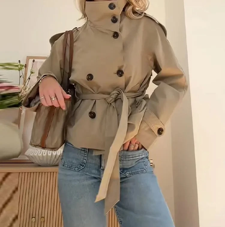

Fashion Lady Commute Outwear 2025 Autumn Women's Belt Cropped Trench Coat Stand Collar Double Breasted Long Sleeve Khaki Jacket