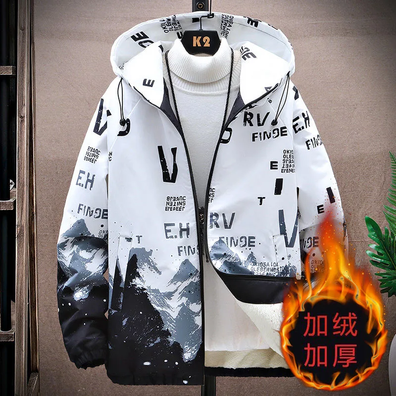 

Winter New Fashion Trend Printed and Plush Thick Warm Sports Jacket For Men's Casual Loose Windproof Oversized Hooded Jacket