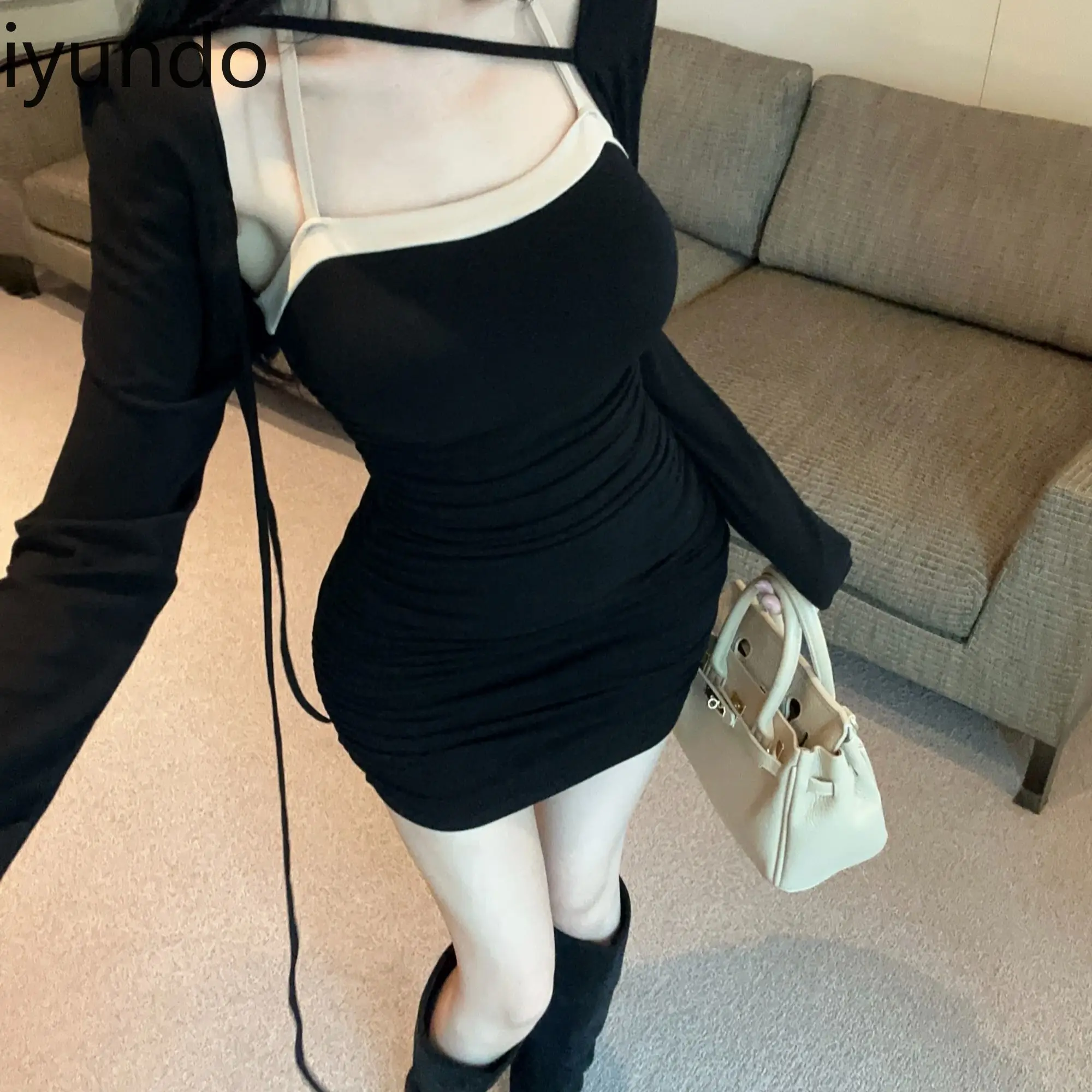 

Suspender Dress Sexy Lace-up Halter Neck Hot Girl Hip-wrapped Dress Long-sleeved Sun Protection Clothing Vestidos