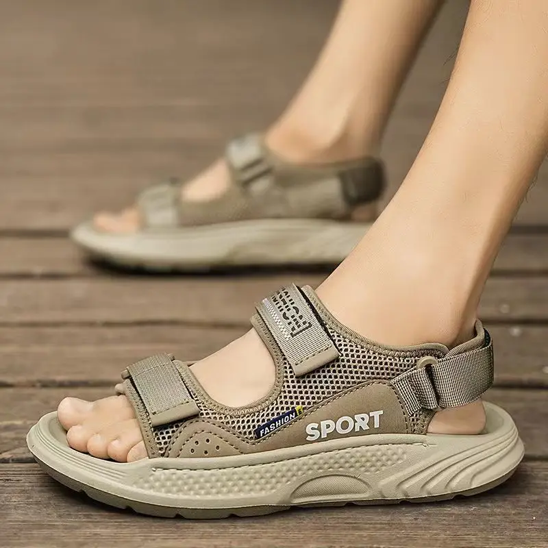 

Мужские летние новые повседневные спортивные сандалии с открытым носком, нескользящие дышащие легкие уличные пляжные сандалии на липучке на толстой подошве