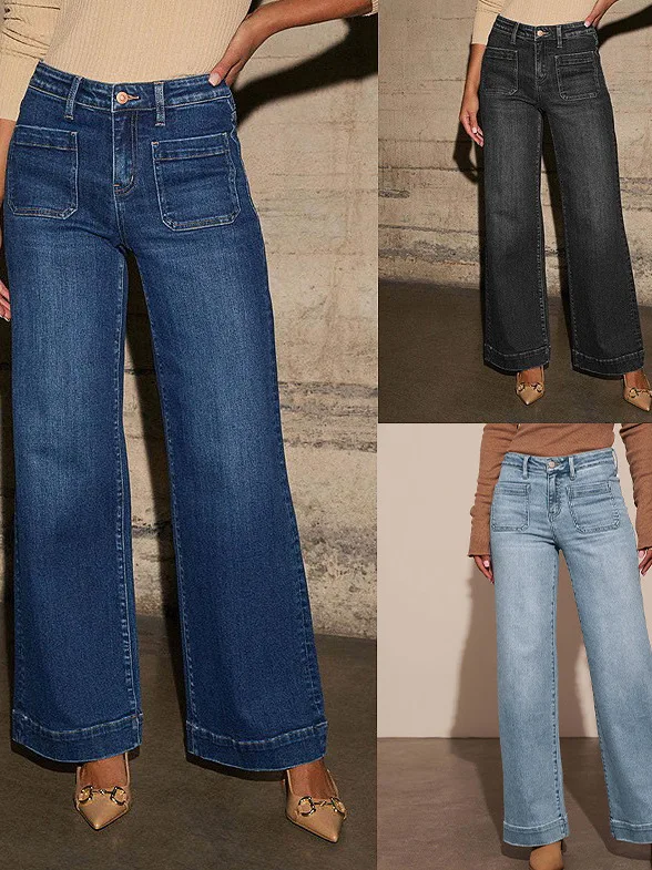 

High Waist Slimming Wide Leg Jeans Elegant Suitable Women's Denim Pants Straight Cut All Seasons Deep Color Ladies Fashion