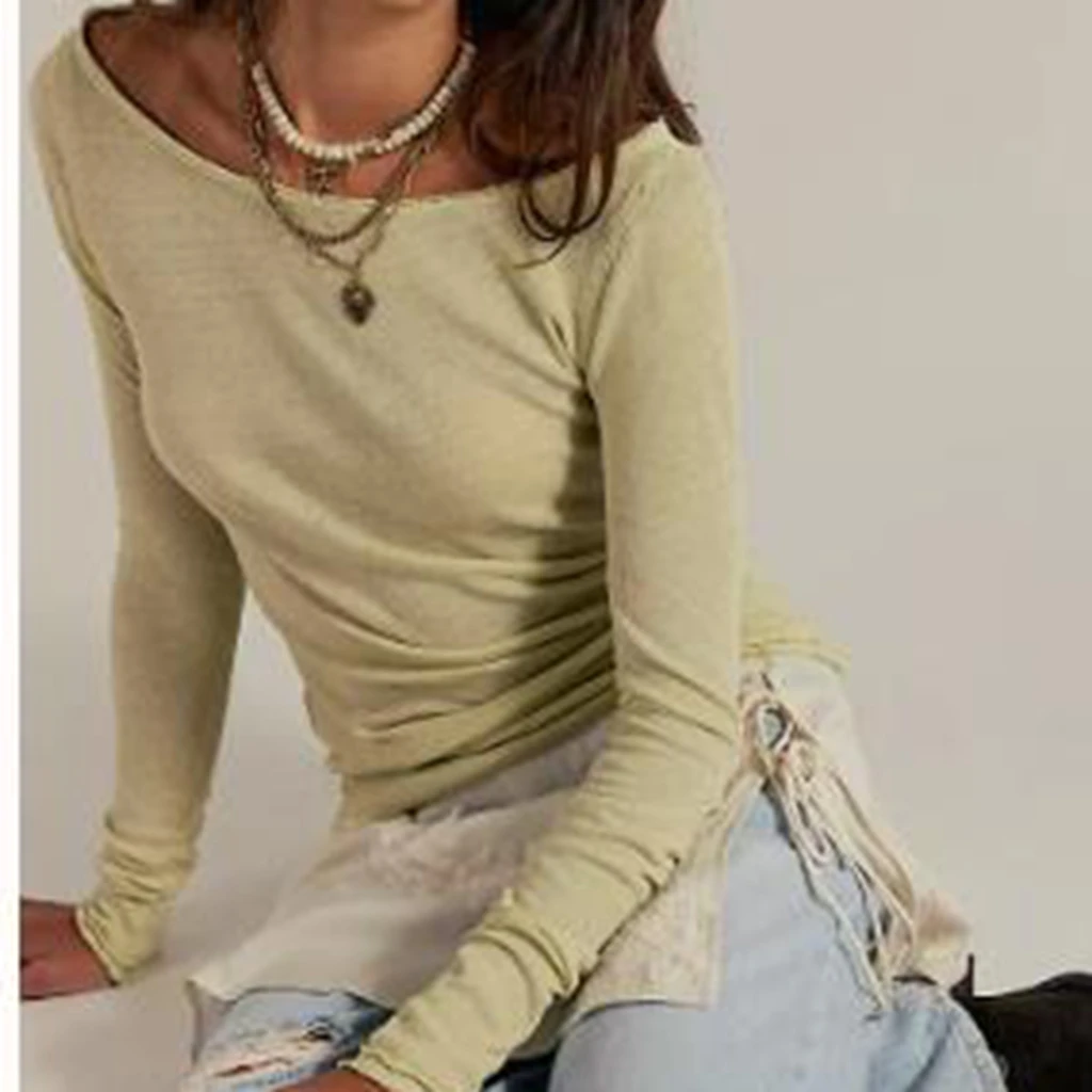 Camisetas clásicas simples de manga larga para mujer, camiseta ajustada y elegante de color sólido con cuello redondo y manga larga para otoño