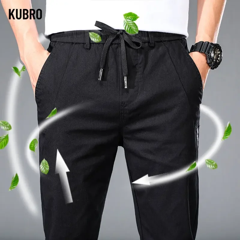 

KUBRO 2023 Men Summer Casual Ice Silk Clothes Straight Tube High Elastic Drawstring Male New Spring Broadcloth Element Trousers