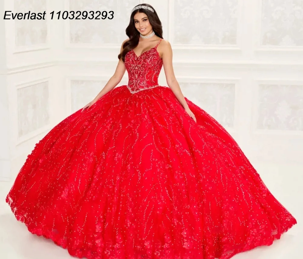 

EVLAST Glitter Red Quinceanera Dress Ball Gown Lace Applique Crystals Beaded Spaghetti Mexico Sweet 16 Vestido De 15 Anos TQD336