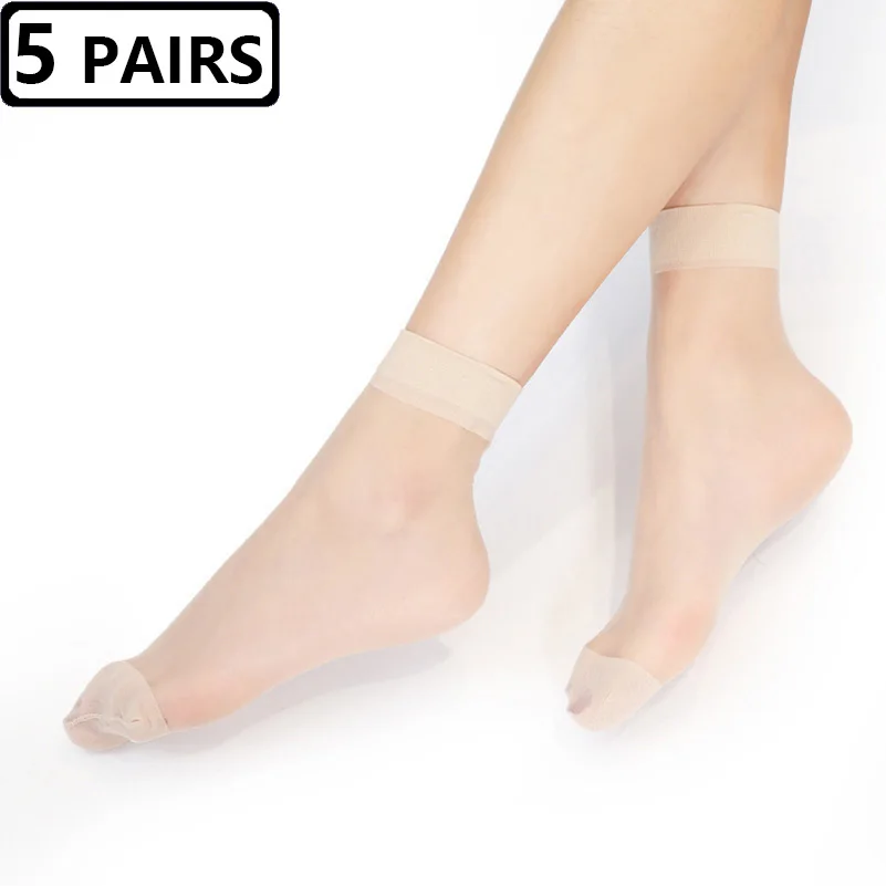 5 Pairs Womens Thin Socks Summer Transparent Crystal Silk Sock Black Skin Color Elastic Silky Ankle Short Socks for Girls Socks