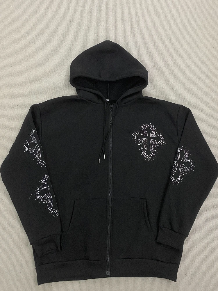 New Personalized Trendy Hot Diamond Printed Fashion Dark Style Zipper Hoodie Sweatshirt y2k