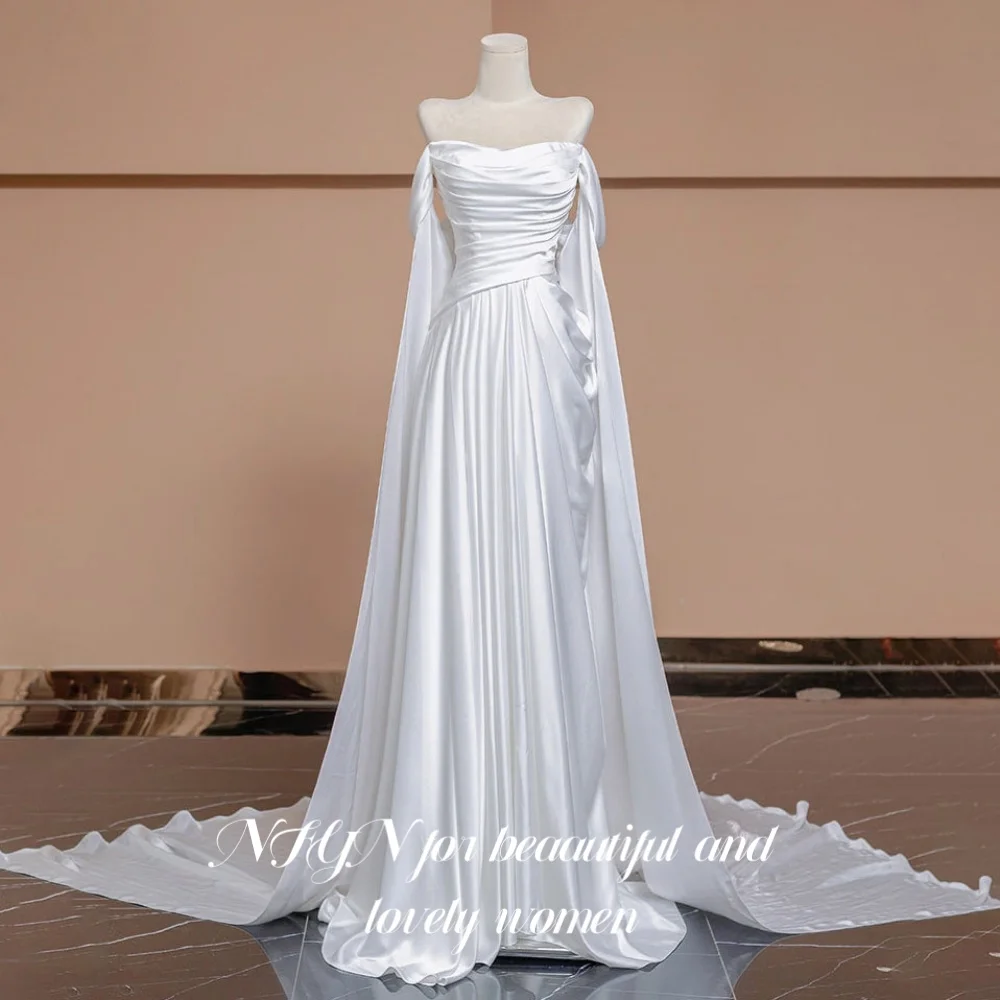 

NFYN White Elegant Formal Gown Satin Pleats Prom Dresses Off the Shoulder Sleeve with Cape Evening Dress for Woman Customized