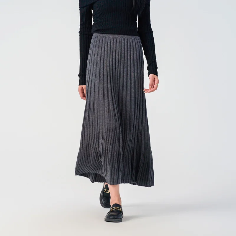 Womens Grey Pleated Knitted Long Women's Autumn Winter New Style Slimming Hanging Feeling Vertical Stripe  Large Skirts  Leather