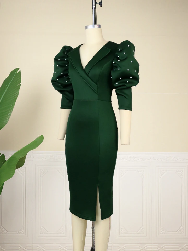 slim fit dress slacks Shop Emotion Forest Puff Sleeve Pin Tuck Midi Shirt Dress main image 1